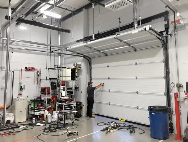Deltona Garage Door Repair certified technician performing commercial door repair at a Deltona business facility