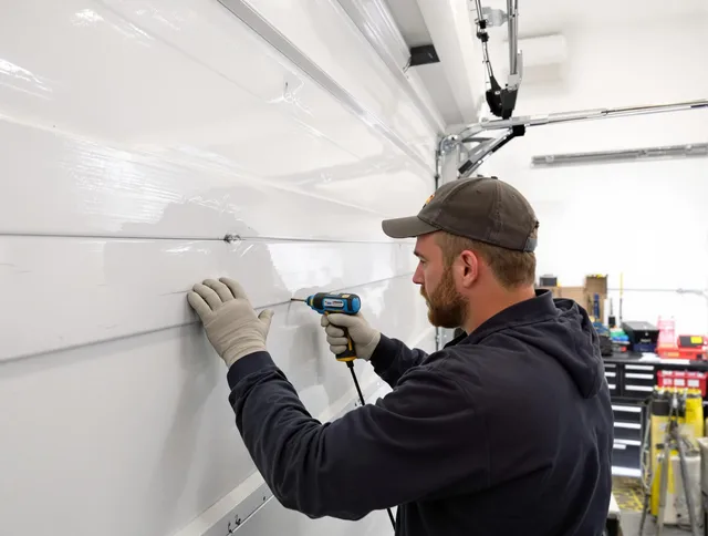 Deltona Garage Door Repair technician demonstrating precision dent removal techniques on a Deltona garage door
