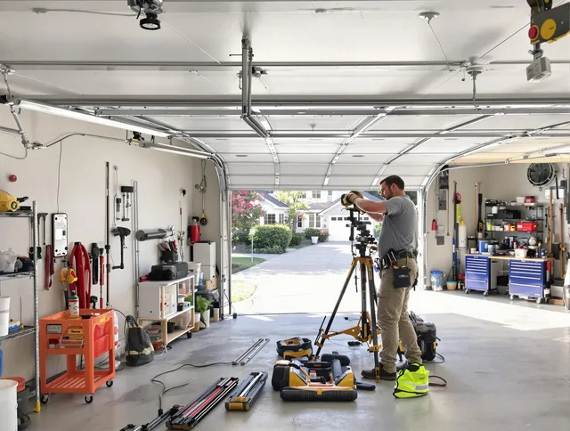 Deltona Garage Door Repair specialist performing laser-guided track alignment in Deltona